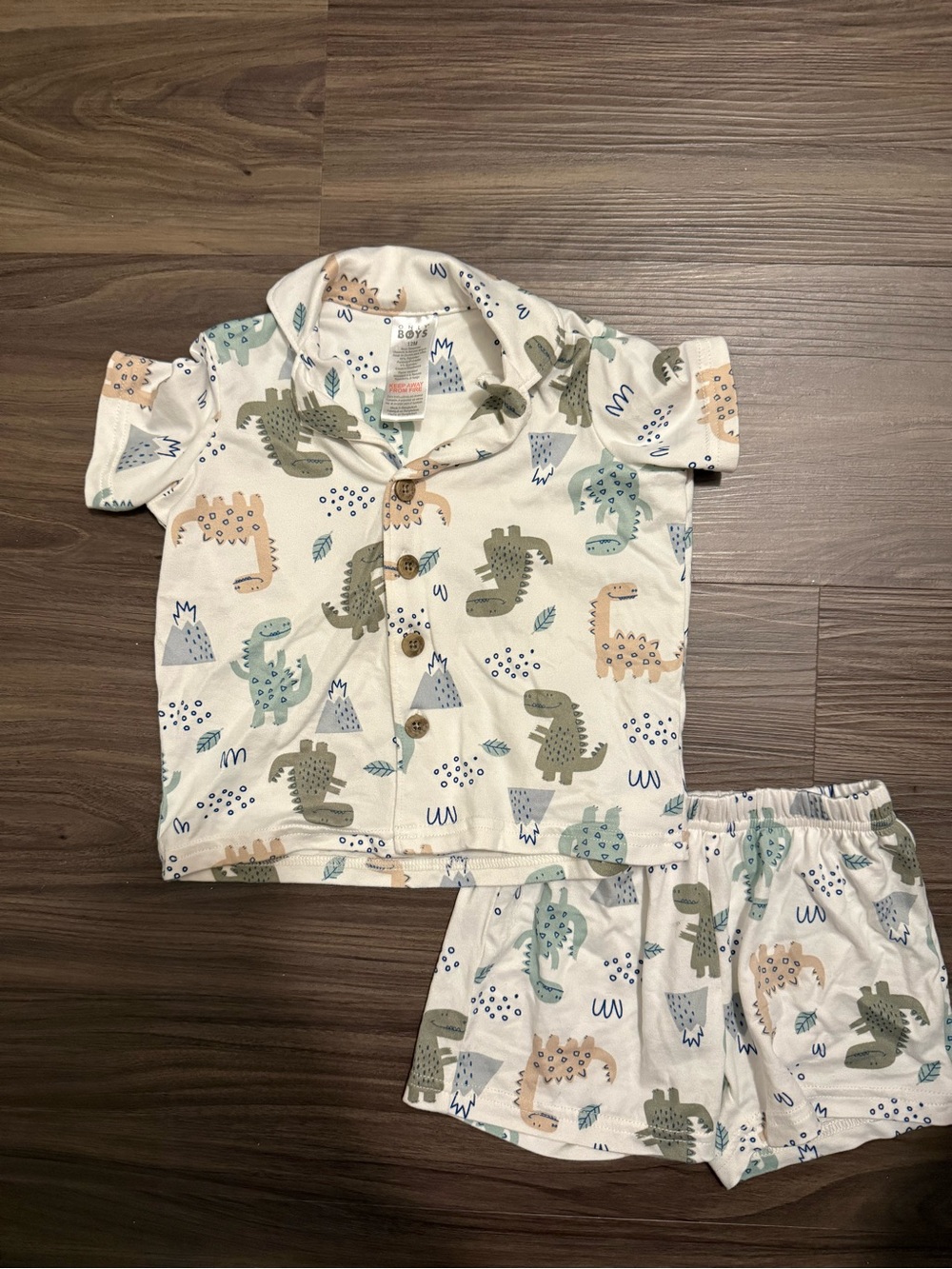 Only Boys Cream Pajama Set with Green, Blue & Tan Dinosaur Print size 12M - Picture 4 of 4
